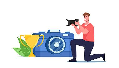 Photo Contest, Tournament Concept. Tiny Photographer Male Character Take Part in Photography Competition Shooting Pictures with Professional Camera near Golden Cup. Cartoon People Vector Illustration