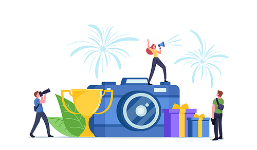Tiny Female Character with Loudspeaker Stand on Huge Camera Announce Photography Competition or Photo Contest Concept. Tournament for Professionals or Amateurs. Cartoon People Vector Illustration