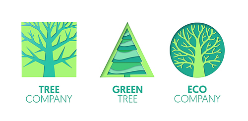 Paper Cut Out Logo Template Set with Green Trees. Origami Eco Company Symbols for Branding, Brochure, Identity. Vector illustration