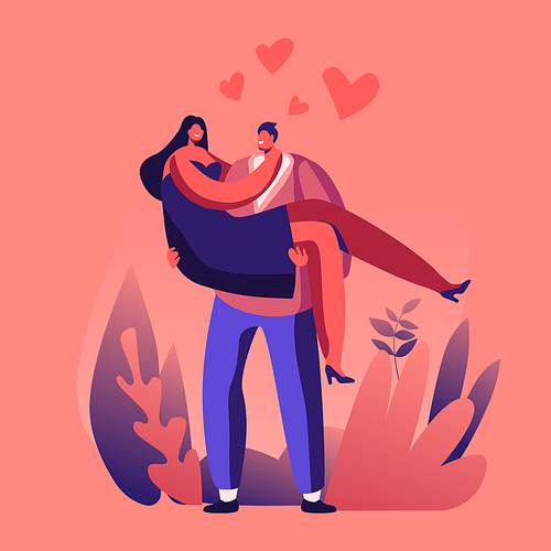 Loving Couple Romantic Relations. Man Holding Woman on Hands with Red Hearts around. Happy Lovers Valentines Day Dating, Lifestyle. Love Feelings, Romance Emotions. Cartoon Flat Vector Illustration