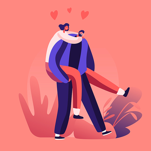 Couple Romantic Relations and Lifestyle. Man Riding Woman on Back. Happy Lovers Having Outdoors Dating. Loving Hearts Connection, Love Feelings Emotions Romance. Cartoon Flat Vector Illustration