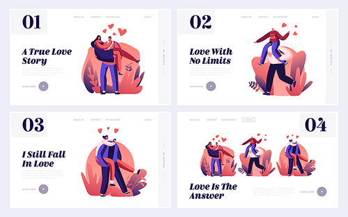 Couple Romantic Relations Website Landing Page Set. Man Riding Girlfriend on Back and Holding on Hands. Loving Hearts Connection, Love and Romance Web Page Banner. Cartoon Flat Vector Illustration