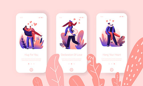 Loving Hearts Togetherness, Emotion Connection Mobile App Page Onboard Screen Set. Man Holding Woman on Hands, Expressing Love and Care Concept for Website or Web Page Cartoon Flat Vector Illustration