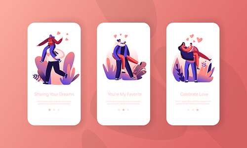 Love, Romantic Relations Fun Mobile App Page Onboard Screen Set. Happy Loving Couples Outdoors Sparetime. Man Woman Have Fun Together Concept for Website or Web Page, Cartoon Flat Vector Illustration