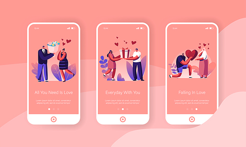 Love Mobile App Page Onboard Screen Set. Young Man Giving Present to Happy Surprised Woman on Valentines Day or Birthday Holidays Concept for Website or Web Page, Cartoon Flat Vector Illustration