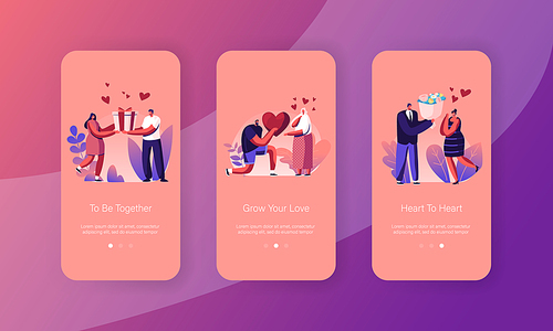 Human Relations, Loving Couple Giving Gifts Mobile App Page Onboard Screen Set. Man Presenting to Woman Heart, Bouquet and Giftbox Concept for Website or Web Page, Cartoon Flat Vector Illustration