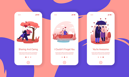 Loving Relations Mobile App Page Onboard Screen Set. Couple Spend Time Together Walking under Umbrella, Floating Boat and Riding Swing Concept for Website or Web Page, Cartoon Flat Vector Illustration