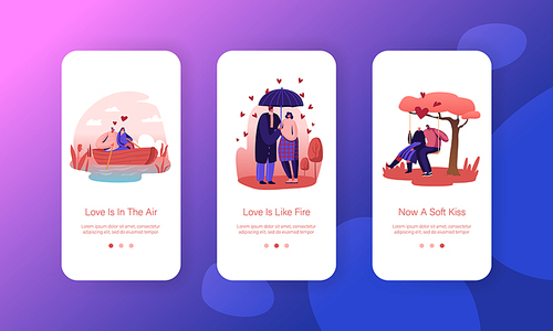 Happy Loving Couples Sparetime. Mobile App Page Onboard Screen Set. Man and Woman Spend Time Together Having Fun Rejoice Dating Concept for Website or Web Page, Cartoon Flat Vector Illustration