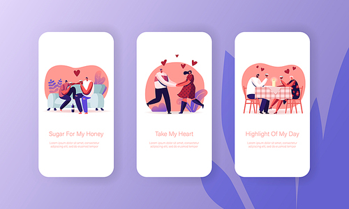 Happy Loving Couple Dating Mobile App Page Onboard Screen Set. Young Man and Woman Holding Glasses Having Romantic Relations Meeting Concept for Website or Web Page, Cartoon Flat Vector Illustration