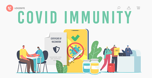 Vaccination for Travelers, Covid Immune Medical Certificate Landing Page Template. Characters Getting Vaccine for Health Passport. People in Airport Pass Registration. Cartoon Vector Illustration