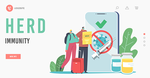 Herd Immunity Landing Page Template. Travelers Vaccination, Covid Immune Medical Certificate. Characters at Mobile, Vaccine Health Passport. People in Airport with Luggage. Cartoon Vector Illustration
