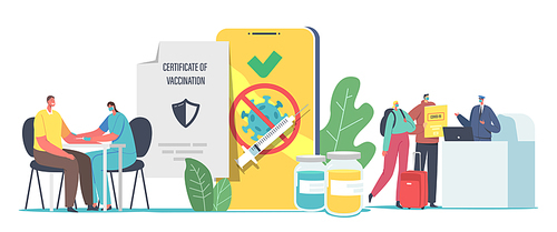 Vaccination for Travelers, Covid Immune Medical Certificate Concept. Male and Female Characters Getting Vaccine for Health Passport. People in Airport Pass Registration. Cartoon Vector Illustration