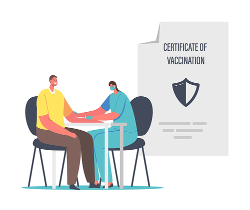 Vaccination for Covid Immune Medical Certificate Concept. Male Character in Hospital Laboratory Getting Vaccine for Health Passport Coronavirus Prevention. Cartoon People Vector Illustration