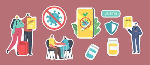 Set of Stickers Vaccination for Travelers, Covid Immune Medical Certificate Theme. Characters in Mask with Luggage and Health Passport, Crossed Coronavirus Cell. Cartoon People Vector Illustration