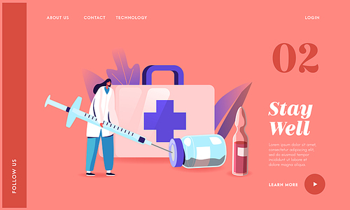 Medical Vaccination Landing Page Template. Female Doctor Character Filling Huge Syringe with Medicine for Vaccine Injection, Treating Illness. Health Care, Immunization. Cartoon Vector Illustration