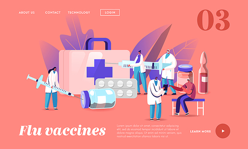 Health Care, Vaccination Landing Page Template. Tiny Doctor Characters Prepare Huge Syringe for Injection in Medical Cabinet, Patient Applying Drug against Disease. Cartoon People Vector Illustration