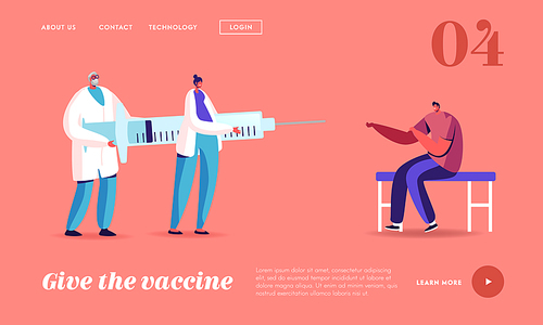 Man Patient Applying Drug against Virus and Disease Landing Page Template. Injection or Vaccination Concept. Tiny Doctor Characters Hold Huge Syringe with Vaccine. Cartoon People Vector Illustration