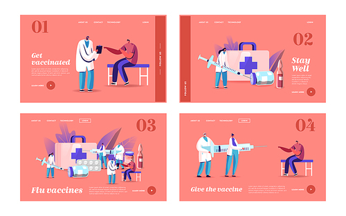Health Care, Vaccination Landing Page Template Set. Tiny Doctor Characters Prepare Huge Syringe for Injection in Medical Cabinet, Patient Apply Drug against Disease. Cartoon People Vector Illustration