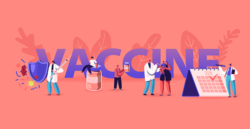planning vaccine applying concept. doctor put injection to kids and adults for protection from disease, vaccination and immunization poster banner flyer . cartoon flat vector illustration