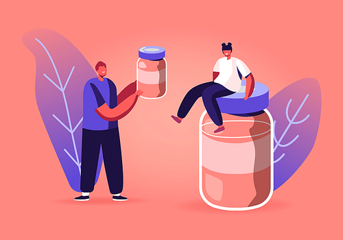 Tiny Male and Female Characters Treatment and Vaccination Concept. Boy Holding Flask with Drug in Hands, Girl Sitting on Huge Glass Bottle with Medicine or Vaccine. Cartoon Flat Vector Illustration