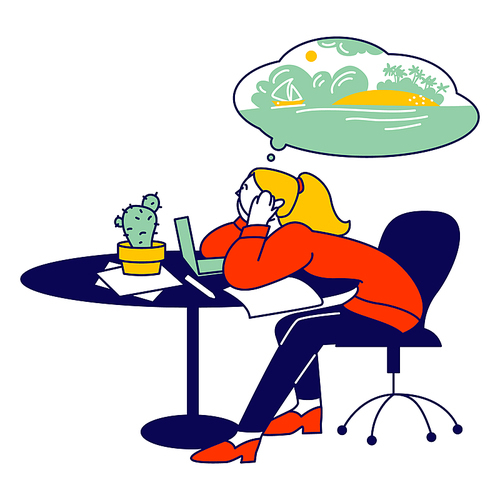 Emotional Burnout Concept. Hard Work Business Woman Sitting at Working Place with Computer in Office Dreaming of Summer Vacation. Tired Overwork Businesswoman Character. Linear Vector Illustration