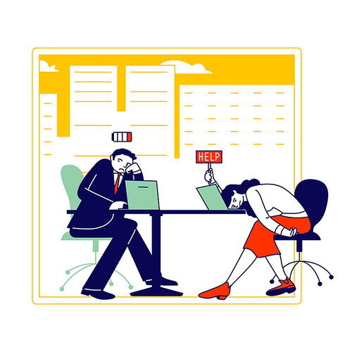 Hard Work Business Man and Woman with Low Battery Level Sitting at Working Place with Computer in Office Hold Sign Help. Tired Business People Characters Emotional Burnout. Linear Vector Illustration