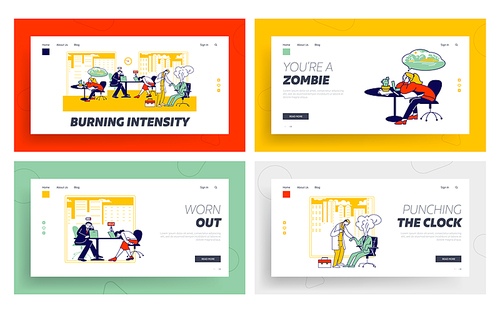 Professional Burnout Syndrome Landing Page Template Set. Business People Characters with Low Battery Level Sit at Working Place in Office Need Help and Dreaming of Vacation. Linear Vector Illustration