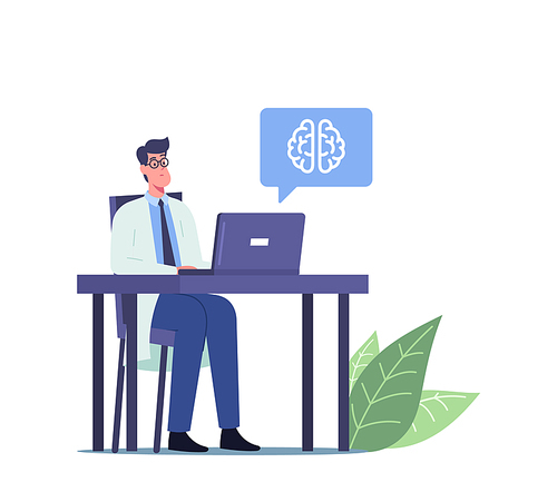 Male Doctor in White Medical Robe Sitting at Desk with Laptop Learning Tomography of Human Brain with Disease Symptoms. Aneurysm, Dementia or Apoplexy Sickness Concept. Cartoon Vector Illustration
