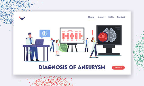Aneurysm Diagnosis Landing Page Template. Tiny Doctor Characters at Huge Infographics Disease of Brain Artery Wall Weakening That Create Bulge, Distention of Artery. Cartoon People Vector Illustration