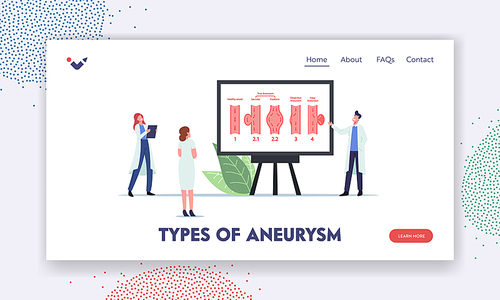 Neuroscience and Neurosurgery Landing Page Template. Tiny Doctor Characters Presenting Huge Infographics with Aneyrism Types on Artery. Brain Disease Symptoms,.Cartoon People Vector Illustration