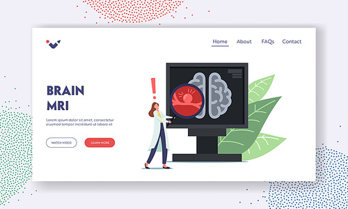 Brain MRI Landing Page Template. Tiny Doctor Female Character Hold Huge Magnifier at Pc Screen with Tomography of Human Brain with Aneurysm Bulg on Vessel Wall, Sickness. Cartoon Vector Illustration