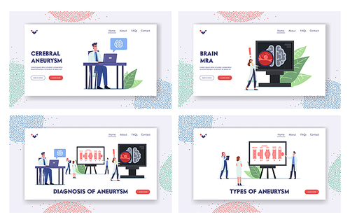 Aneurysm Diagnosis Landing Page Template Set. Tiny Doctor Characters at Huge Infographics Disease of Brain Artery Weakening That Create Bulge, Distention of Artery. Cartoon People Vector Illustration