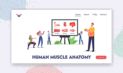 Human Muscle Anatomy Landing Page Template. Tiny Characters at Huge Board with Infographics Skeletal, Cardiac and Smooth Muscles. People Healthy and Unhealthy Lifestyle. Cartoon Vector Illustration