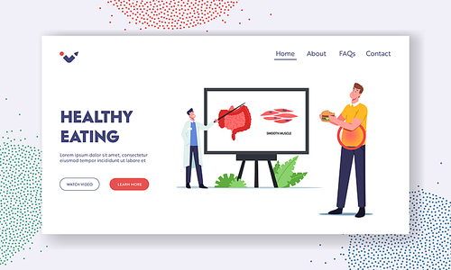 Healthy Eating Landing Page Template. Tiny Doctor Character Presenting Intestines Smooth Musculature on Huge Infographics, Man Having Problem with Belly Muscles. Cartoon People Vector Illustration