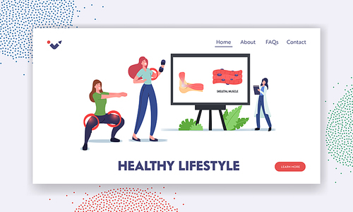 Healthy Lifestyle Landing Page Template. Tiny Doctor Character Presenting Skeletal Musculature on Huge Infographics. Women Workout with Dumbbells and Squatting. Cartoon People Vector Illustration