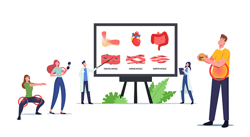 Muscular Health, Medicine Concept. Tiny Characters at Huge Board with Infographics Presenting Skeletal, Cardiac and Smooth Muscles. People Healthy and Unhealthy Lifestyle. Cartoon Vector Illustration