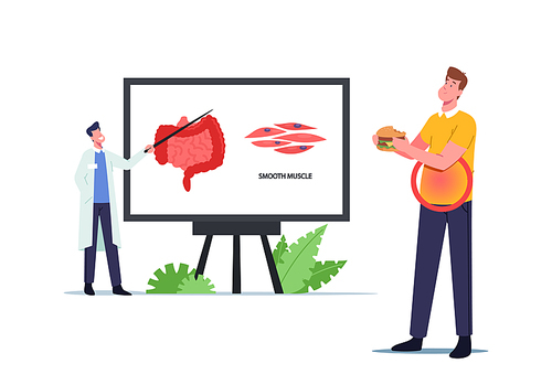 Tiny Doctor Character Presenting Intestines Smooth Musculature on Huge Screen with Infographics, Man Eating Fast Food Having Problem with Belly or Stomach Muscles. Cartoon People Vector Illustration