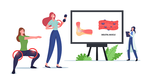 Tiny Doctor Character Presenting Skeletal Musculature on Huge Screen with Infographics. Women Workout Exercising with Dumbbells and Squatting for Healthy Muscles. Cartoon People Vector Illustration