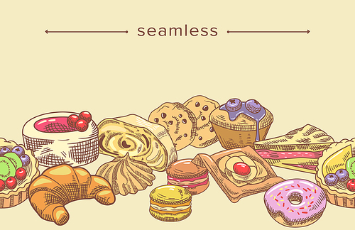 Engraving Sketch Retro Bakery Shop Assortment Hand Drawn Border. Seamless Pattern with Bread and Bakery Food, Doodle Baked Croissants, Cakes, Macaroons, Cupcakes, Meringue. Linear Vector Illustration