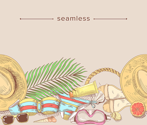 Beach Stuff and Items Doodle Straw Hat, Sandals, Palm Leaf and Seashell with Snorkeling Mask. Cream Tube, Bikini Bra and Panties, Grapefruit Slice and Sunglasses. Colorful Vector Line Art Illustration