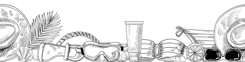 Beach Stuff and Items Doodle Straw Hat, Sandals, Palm Leaf and Seashell with Snorkeling Mask. Cream Tube, Bikini Bra and Panties, Lemon Slice and Sunglasses. Monochrome Vector Line Art Illustration