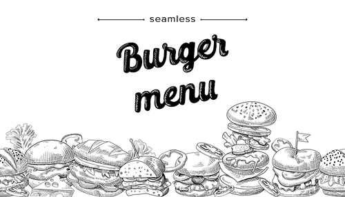 Sketch Seamless Burger Menu. Hand Drawn Hamburger, Cheeseburger or Beefburger Fast Food Meals, Classic American Street Junk Snack with Meat and Vegetables, Bistro Fastfood. Linear Vector Illustration