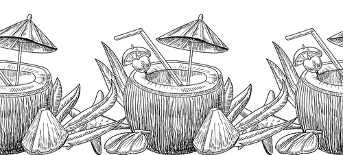 Coconut Cocktail Doodle Hand Drawn Monochrome Drawing. Summer Refreshing Drink in Nut Shell with Straw, Cherry and Lemon Slice with Umbrella. Engraved Tropical Beverage. Vector Line Art Illustration