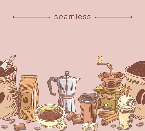 Seamless Doodle Pattern Coffee Supplies Package, Sugar and Mugs with Chocolate and Pot. Sack with Beans, Disposable Plastic Cup and Coffee Grinder. Hot Drink Hand Drawn Linear Vector Illustration