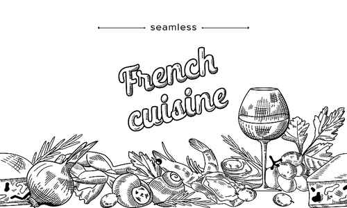 French Cuisine Seamless Monochrome Pattern. Delicacy Meals Wine, Snails and Olives with Shrimps, Fresh Herbs and Cheese with Onion and Mussels Engraving Drawing Frame. Linear Vector Illustration