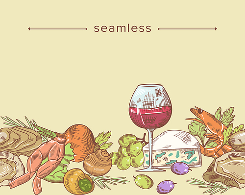 French Cuisine Seamless Colorful Pattern. Delicacy Meals Wine, Snails and Olives with Shrimps, Fresh Herbs and Cheese with Onion and Mussels with Frog Legs Engraving Frame. Linear Vector Illustration