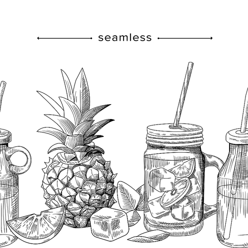 Sketch Summer Cocktail and Fruit Drinks Seamless Doodle Background. Pineapple, Lime or Lemon Slices and Ice Cubes with Mint Leaves in Glass Cups with Lid and Straw. Linear Vector Illustration
