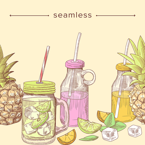 Sketch Summer Cocktail and Fruit Drinks Seamless Doodle Background. Pineapple, Lime or Lemon Slices and Ice Cubes with Mint Leaves in Glass Cups with Lid and Straw. Linear Vector Illustration