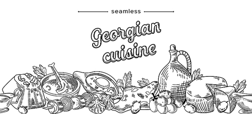 Georgian Cuisine Cuisine Doodle Seamless Pattern with Delicacy Meals. Traditional Dishes of Georgia, Meat, Wine in Jug, Grapes and Cheese with Khachapuri National Food. Linear Vector Illustration