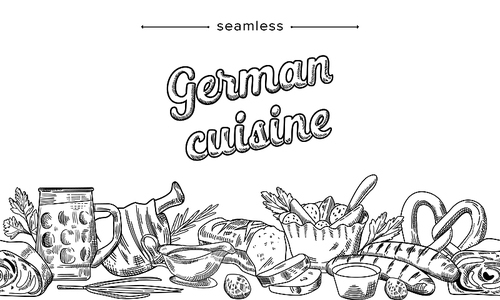 German Cuisine Cuisine Doodle Seamless Pattern with Beer, Sausages, Pretzel and Meat with Bread Delicacy Meals of Germany. Traditional Dishes of National European Food. Linear Vector Illustration